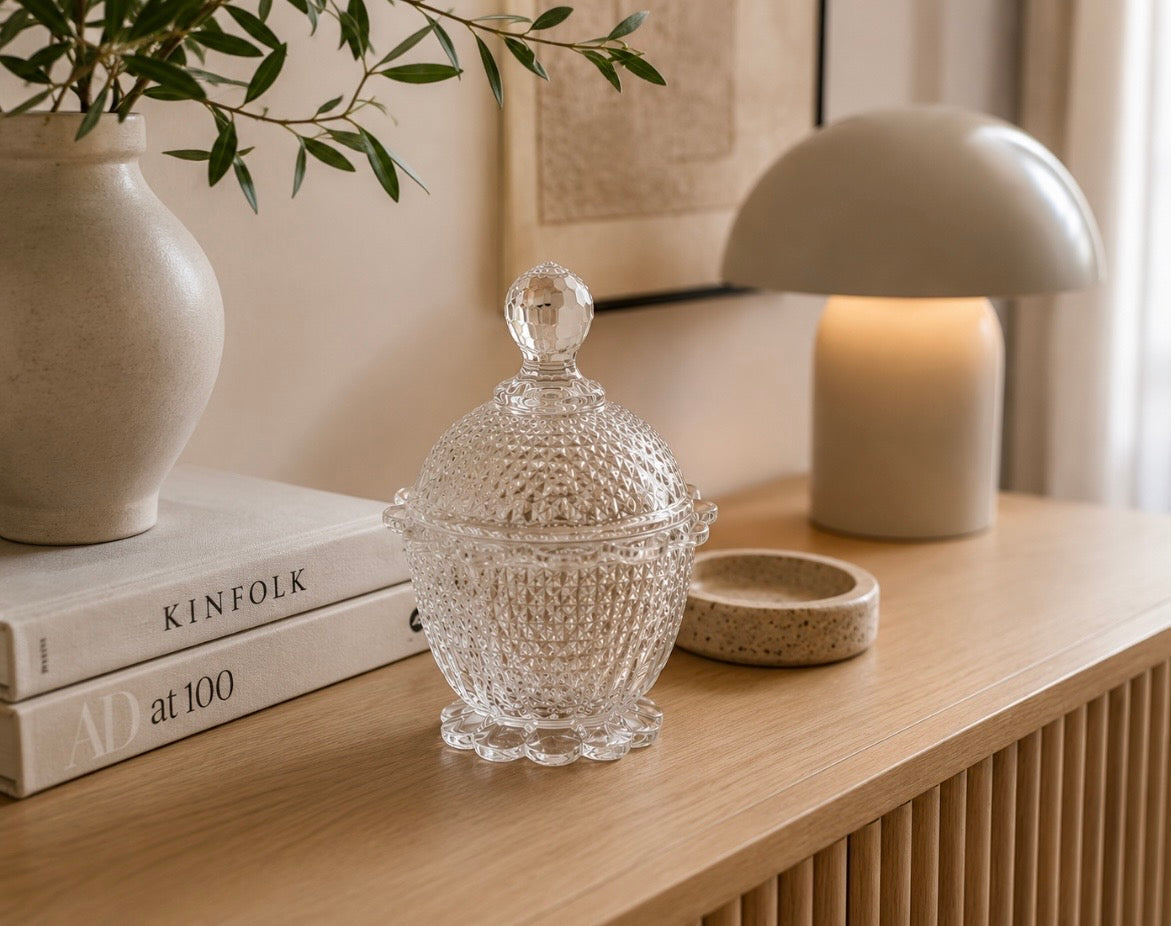 Bonbonnière vintage en verre pressé à couvercle – Motif diamant