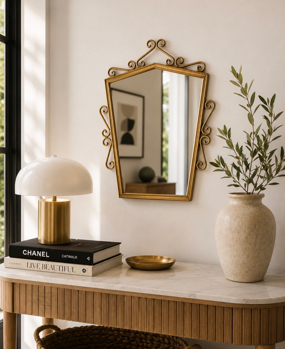 Miroir mural vintage en métal doré – 35 cm – Style Hollywood Regency
