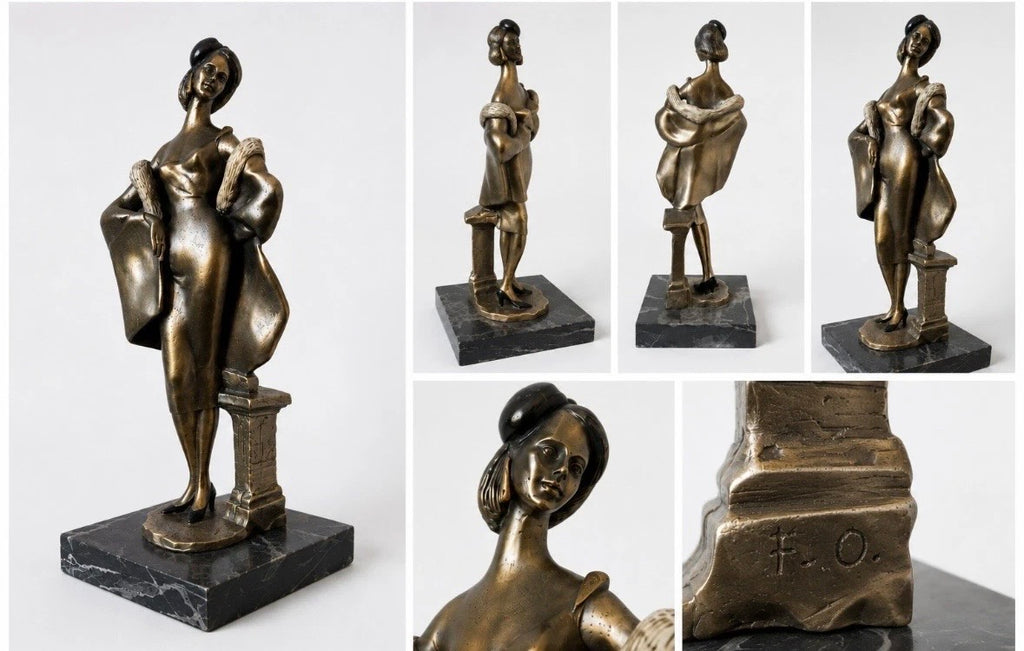Statue femme Art Déco style Chiparus — Régule & marbre noir, signée F.O.
