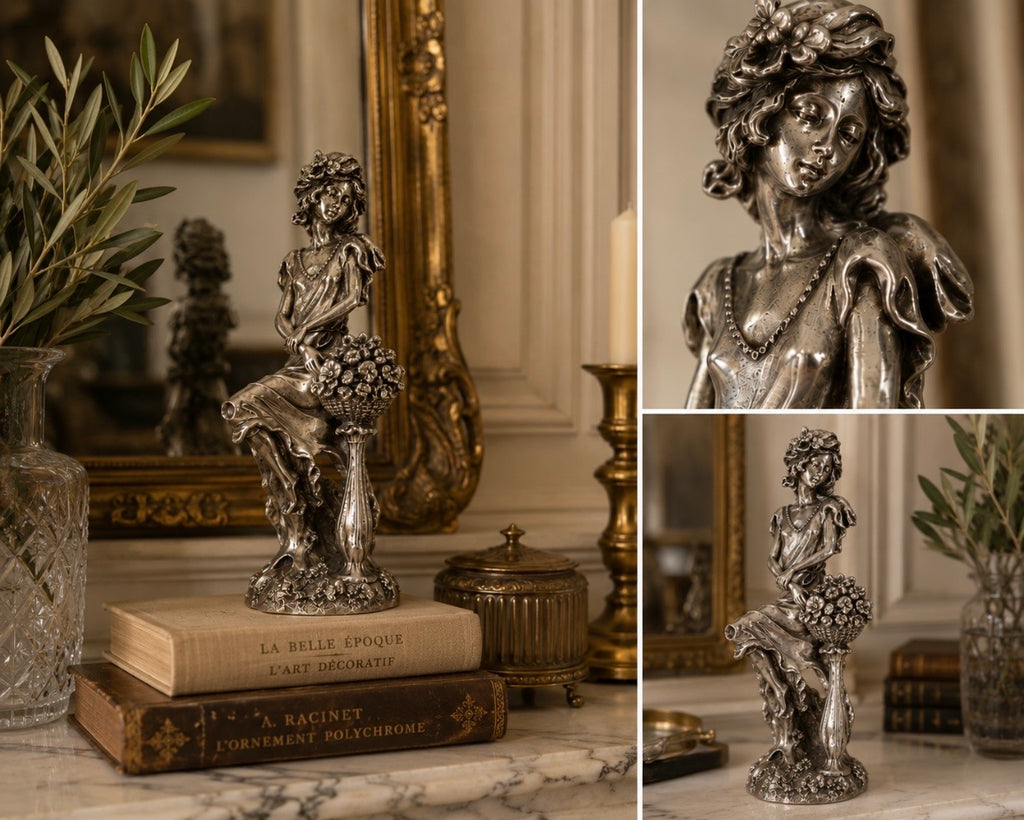 Sculpture Art Nouveau — Femme aux fleurs en régule patiné, XXe siècle