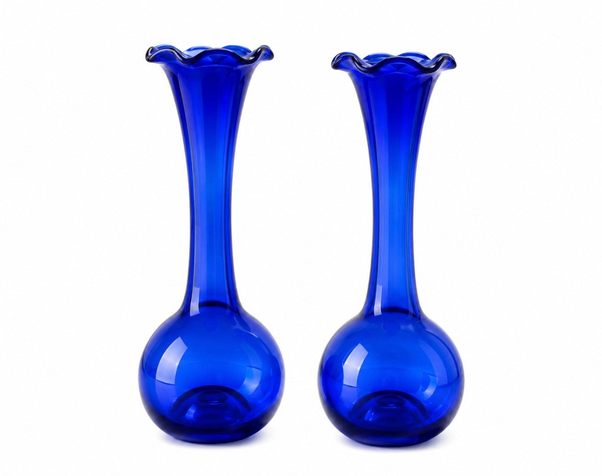 Duo de vases soliflores vintage en verre bleu cobalt – 24 cm