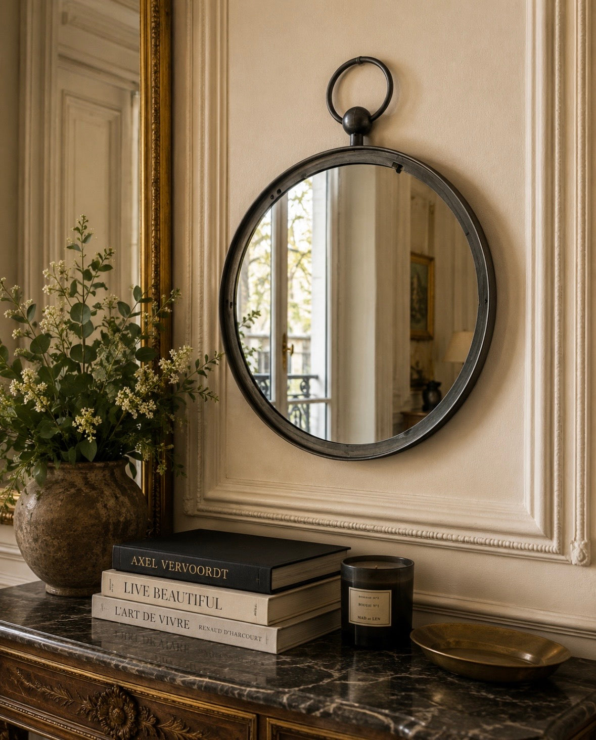 Miroir rond vintage à anneau – Métal patiné
