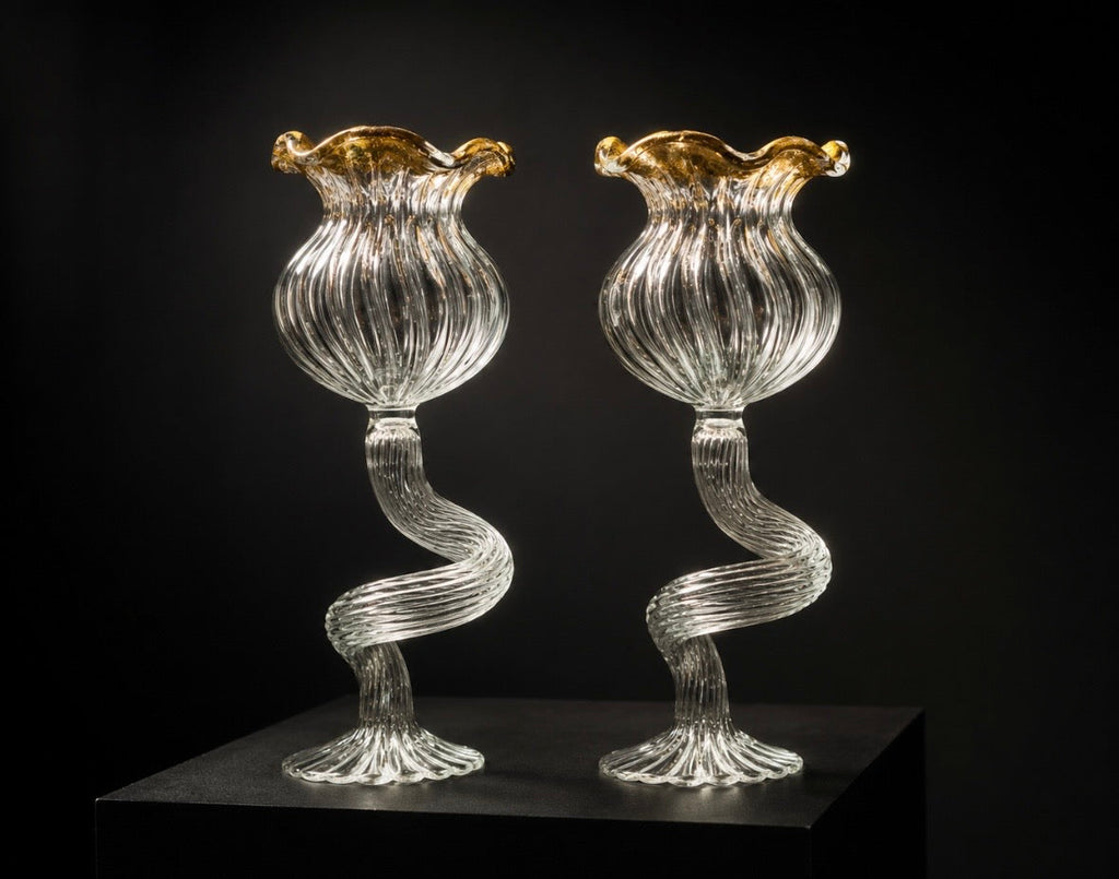 Paire de bougeoirs en verre de Murano soufflé – Feuille d'or – Italie, années 1960-1970