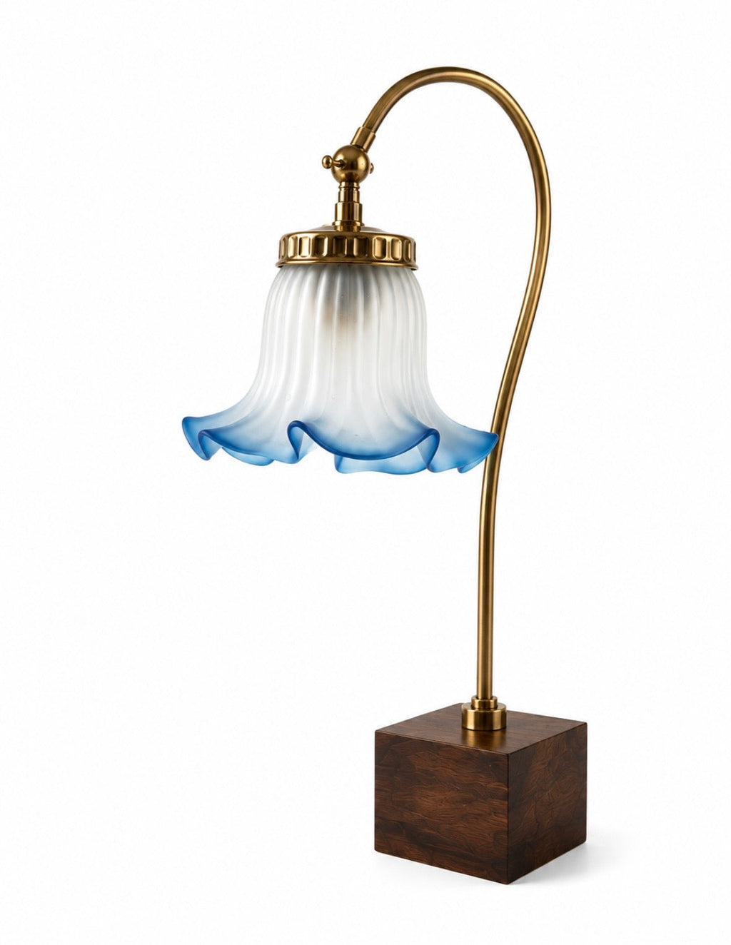 Lampe vintage – Verre opalin bleu dégradé, laiton et base en bois