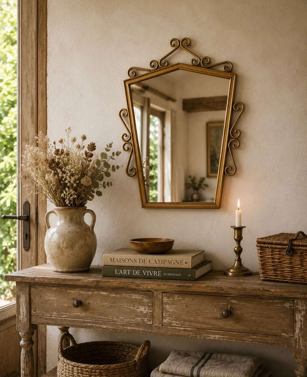 Miroir mural vintage en métal doré – 35 cm – Style Hollywood Regency