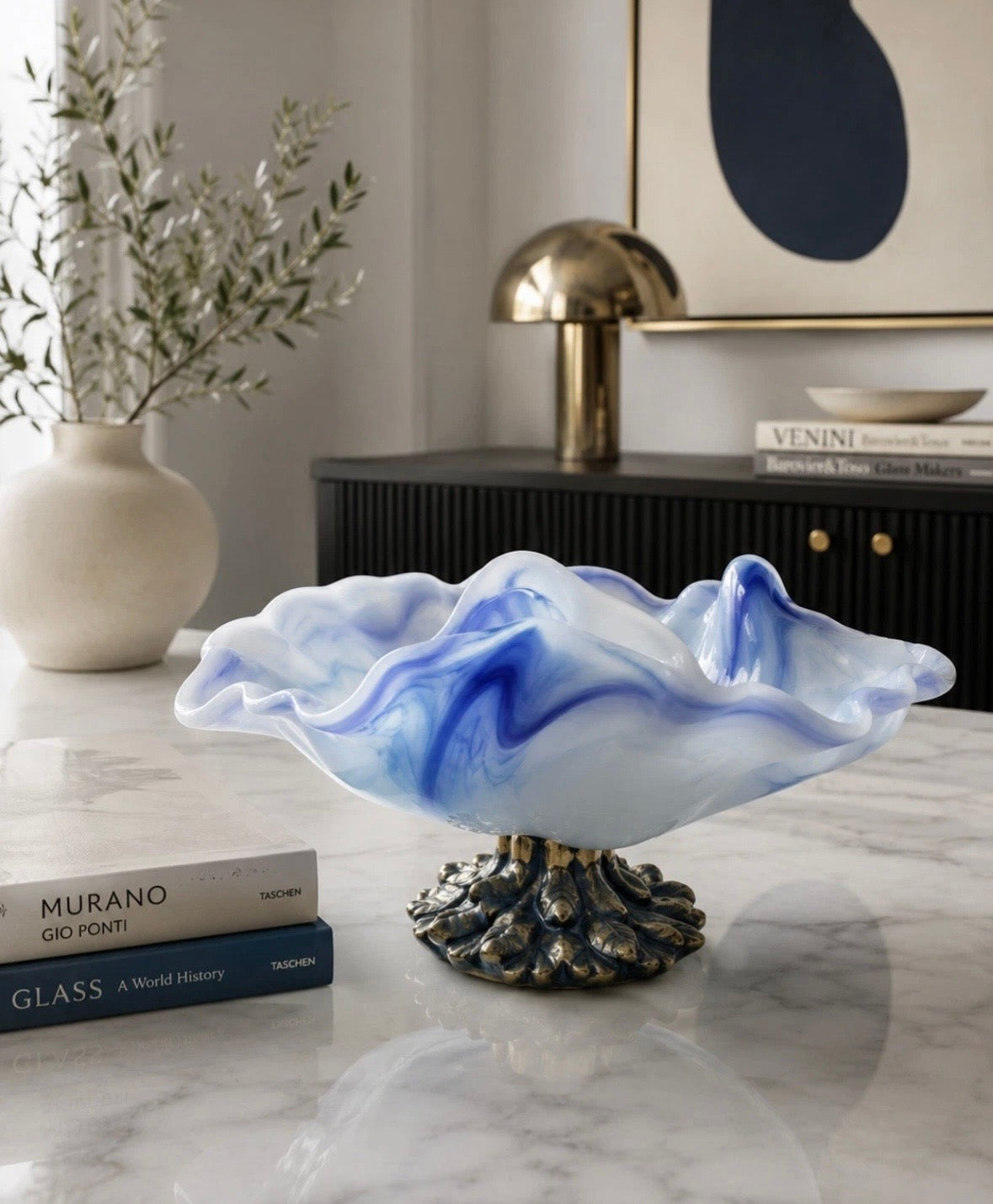 Coupe en verre d'art Murano — Arte Kristall Mery, bleu opalin marbré