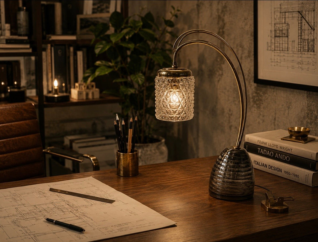 Lampe vintage arche – Laiton doré, verre pressé et base fumée