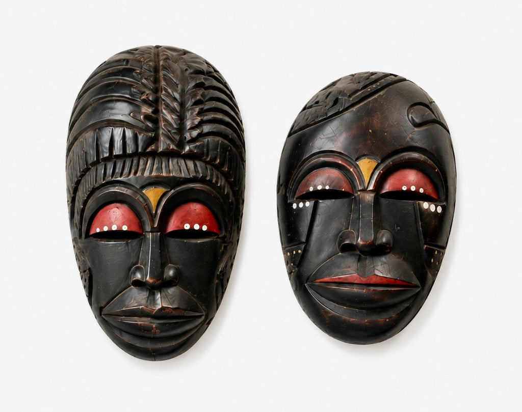 Paire de masques muraux vintage en bois sculpté – Inspiration art africain