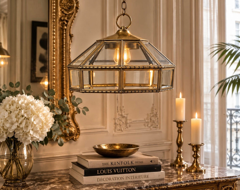 Suspension vintage géométrique en laiton et verre – France