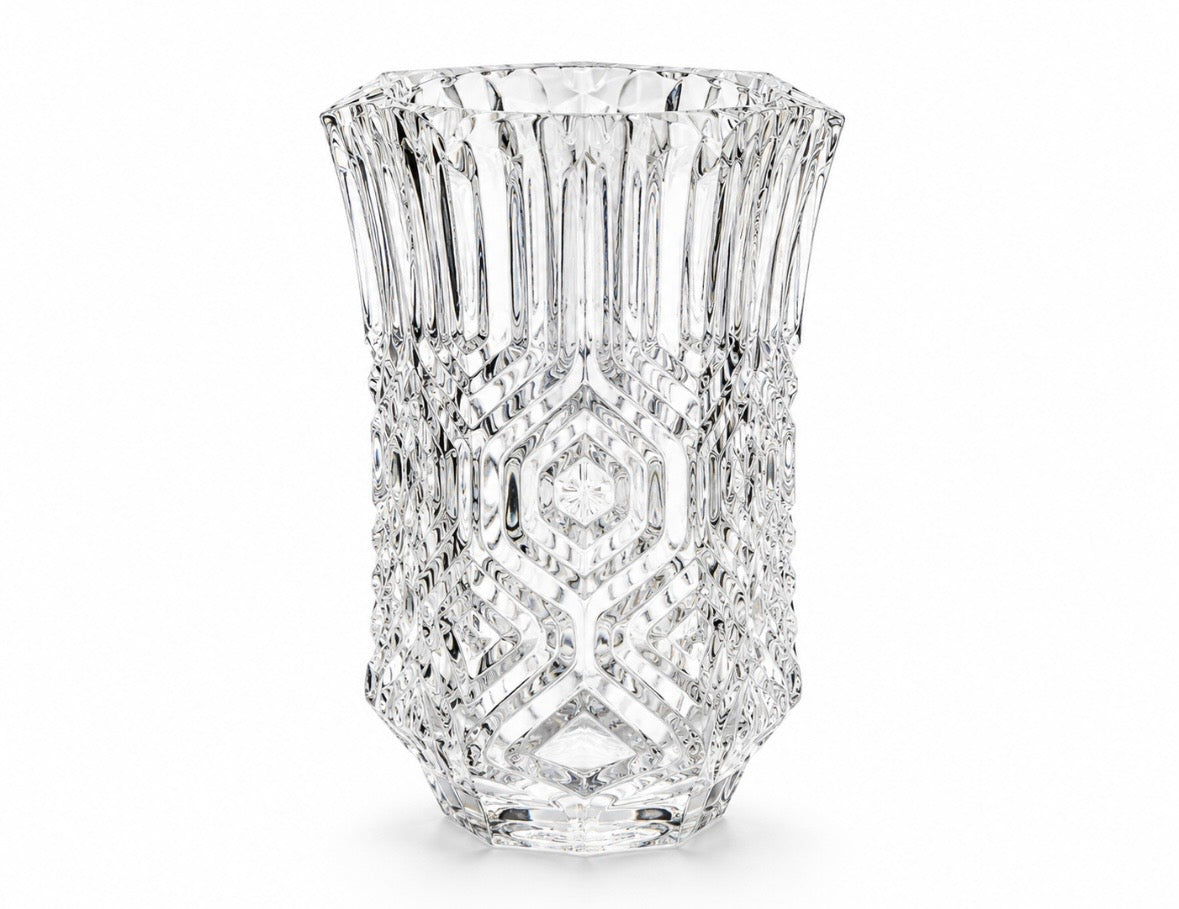 Vase vintage en cristal épais taillé – Design géométrique hexagonal – Années 1970