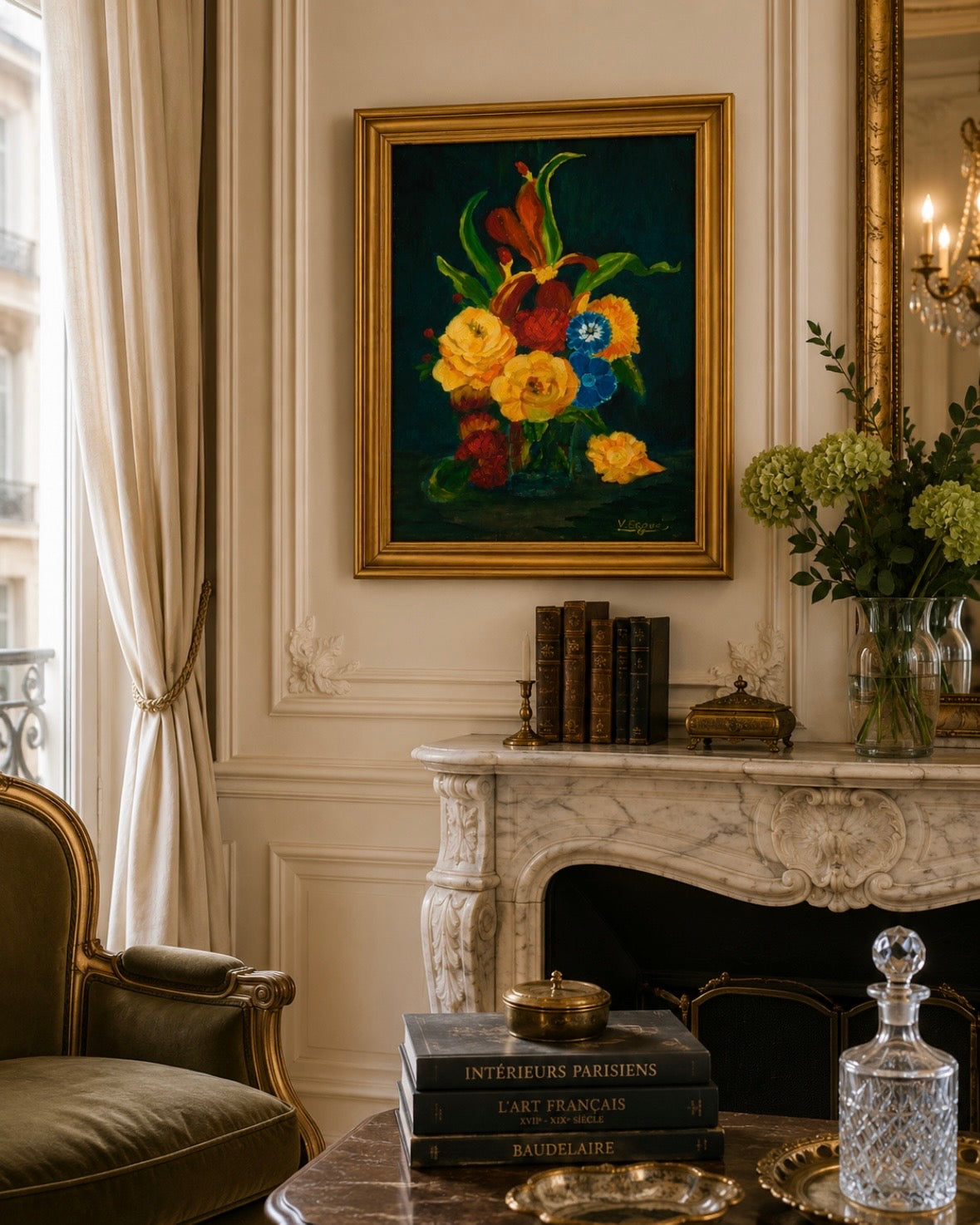 Peinture à l'huile vintage signée – Nature morte florale – Cadre doré