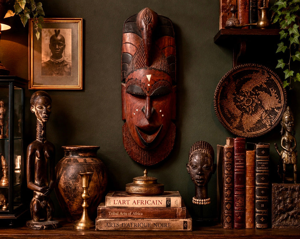 Masque africain en bois sculpté avec incrustations de nacre – Art tribal – Pièce artisanale