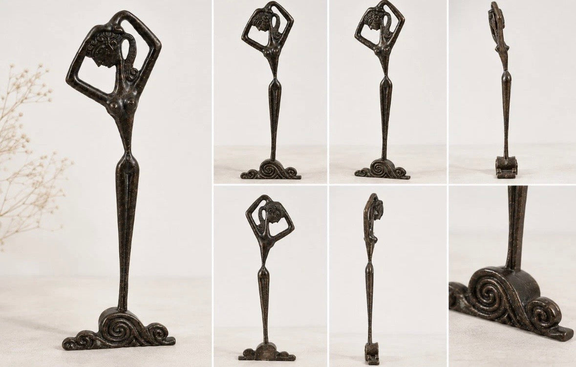Ancienne sculpture danseuse Art Déco stylisée — Patine sombre, H. 22 cm