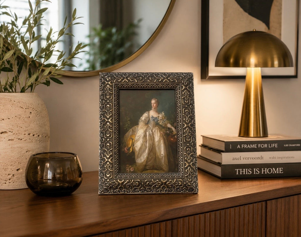 Cadre photo décoratif en métal finition étain – Style Art nouveau