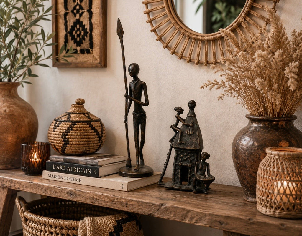 Lot de deux sculptures africaines en bronze patiné – Guerrier & scène de village