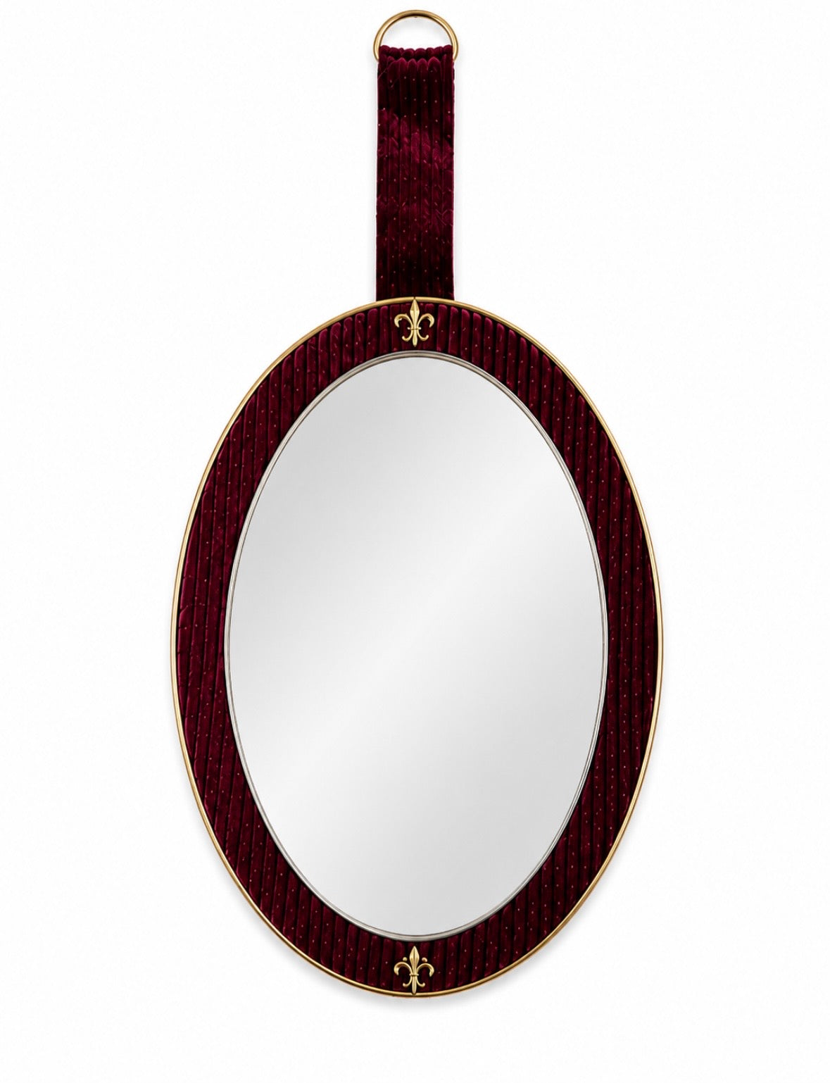 Miroir mural ovale vintage – Velours bordeaux & laiton – Années 1960-1970