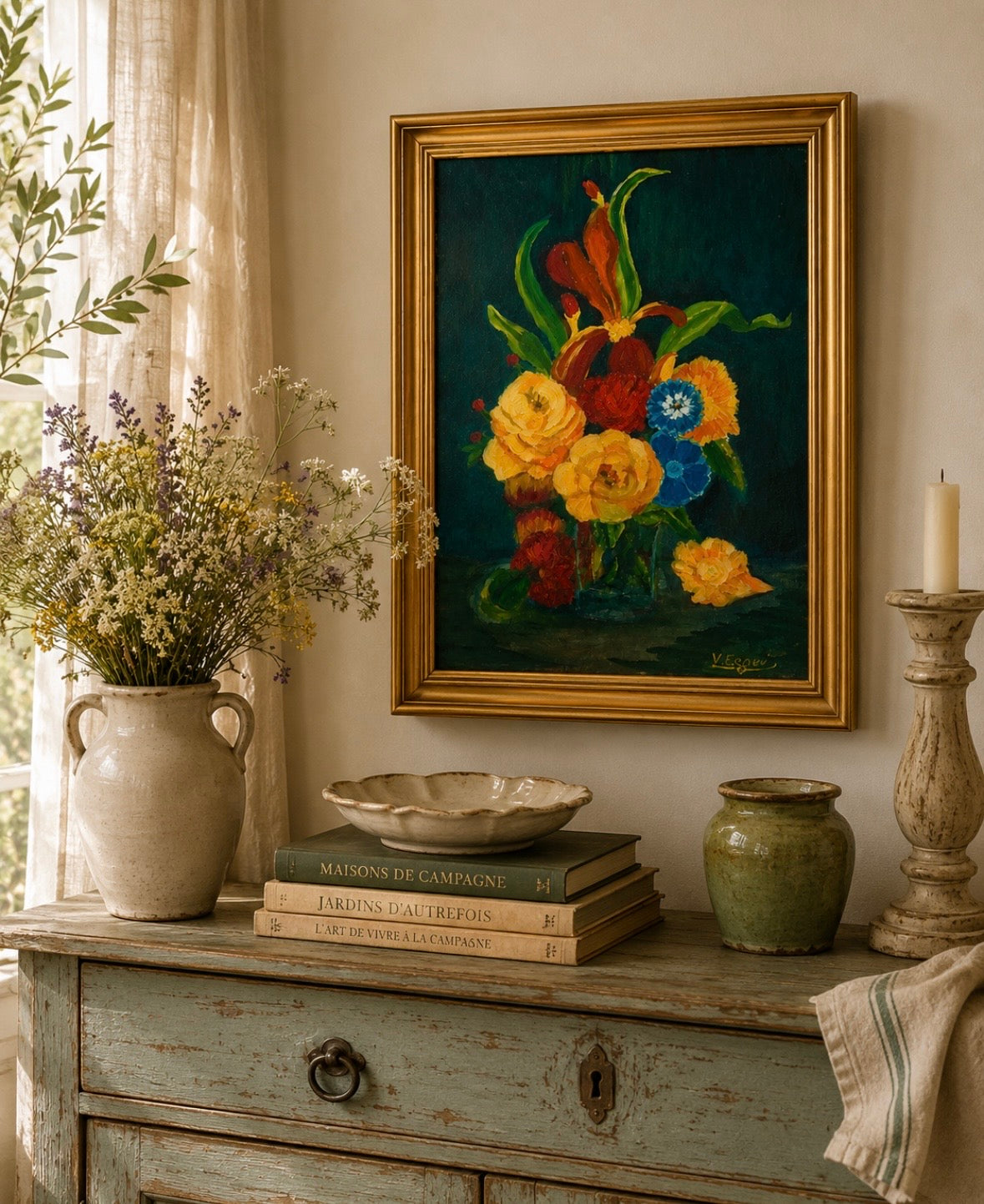 Peinture à l'huile vintage signée – Nature morte florale – Cadre doré