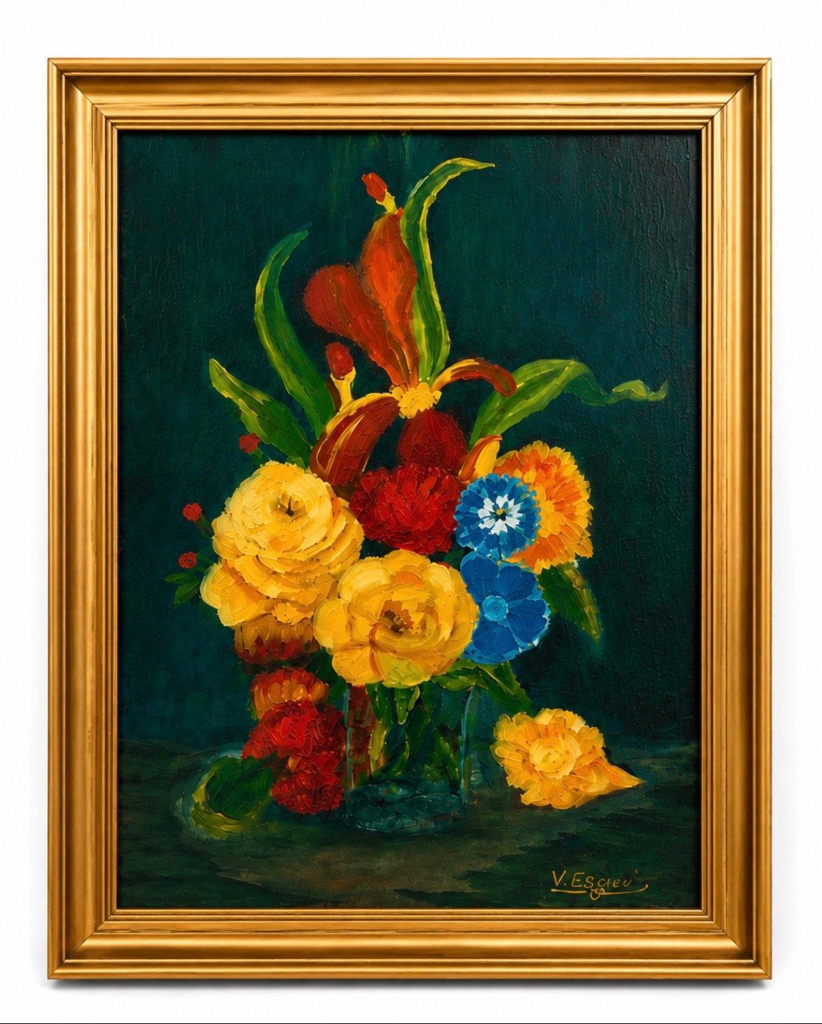 Peinture à l'huile vintage signée – Nature morte florale – Cadre doré