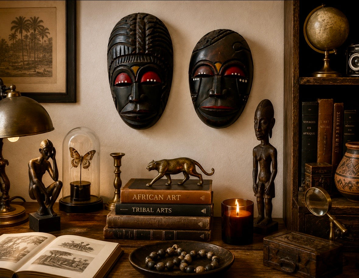 Paire de masques muraux vintage en bois sculpté – Inspiration art africain