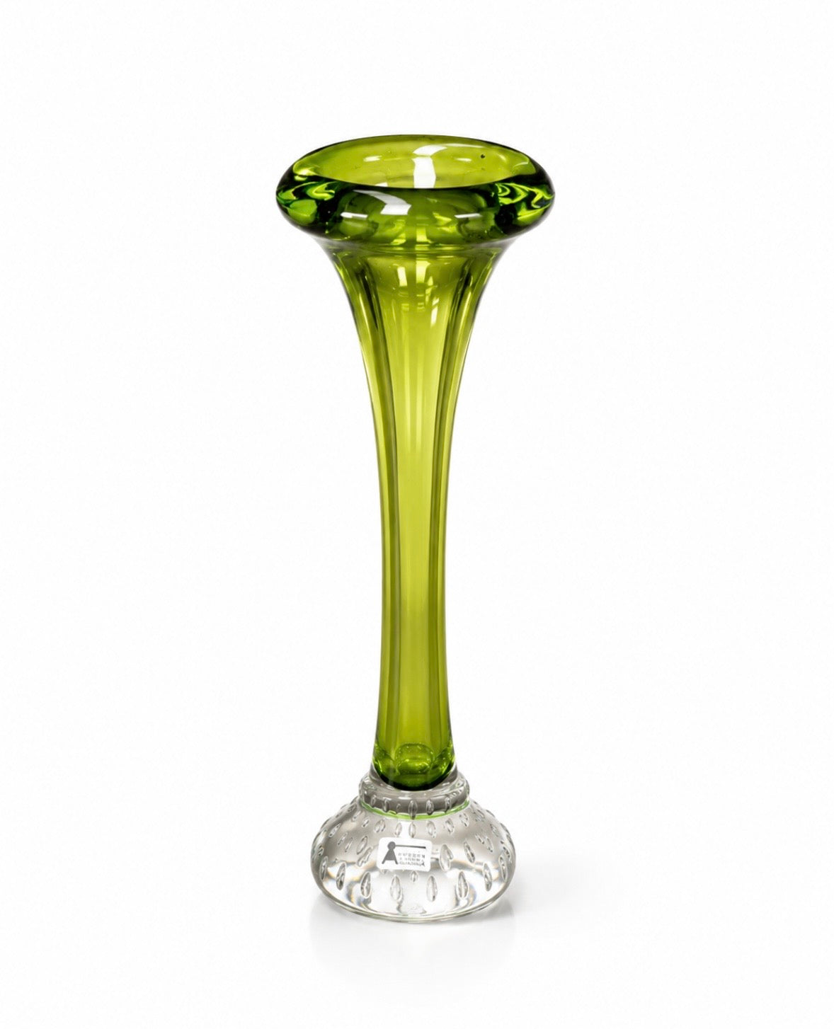 Vase soliflore vintage Nybro Glasbruk – Verre soufflé suédois vert olive – Années 1970