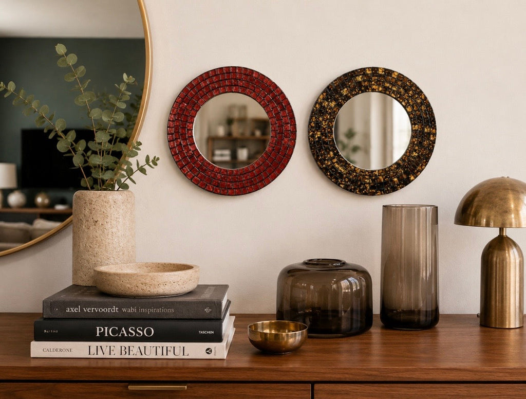 Lot de 2 miroirs mosaïque vintage – Rouge rubis & Brun doré – Ø 20 cm