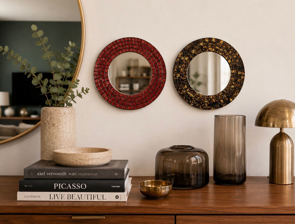 Lot de 2 miroirs mosaïque vintage – Rouge rubis & Brun doré – Ø 20 cm
