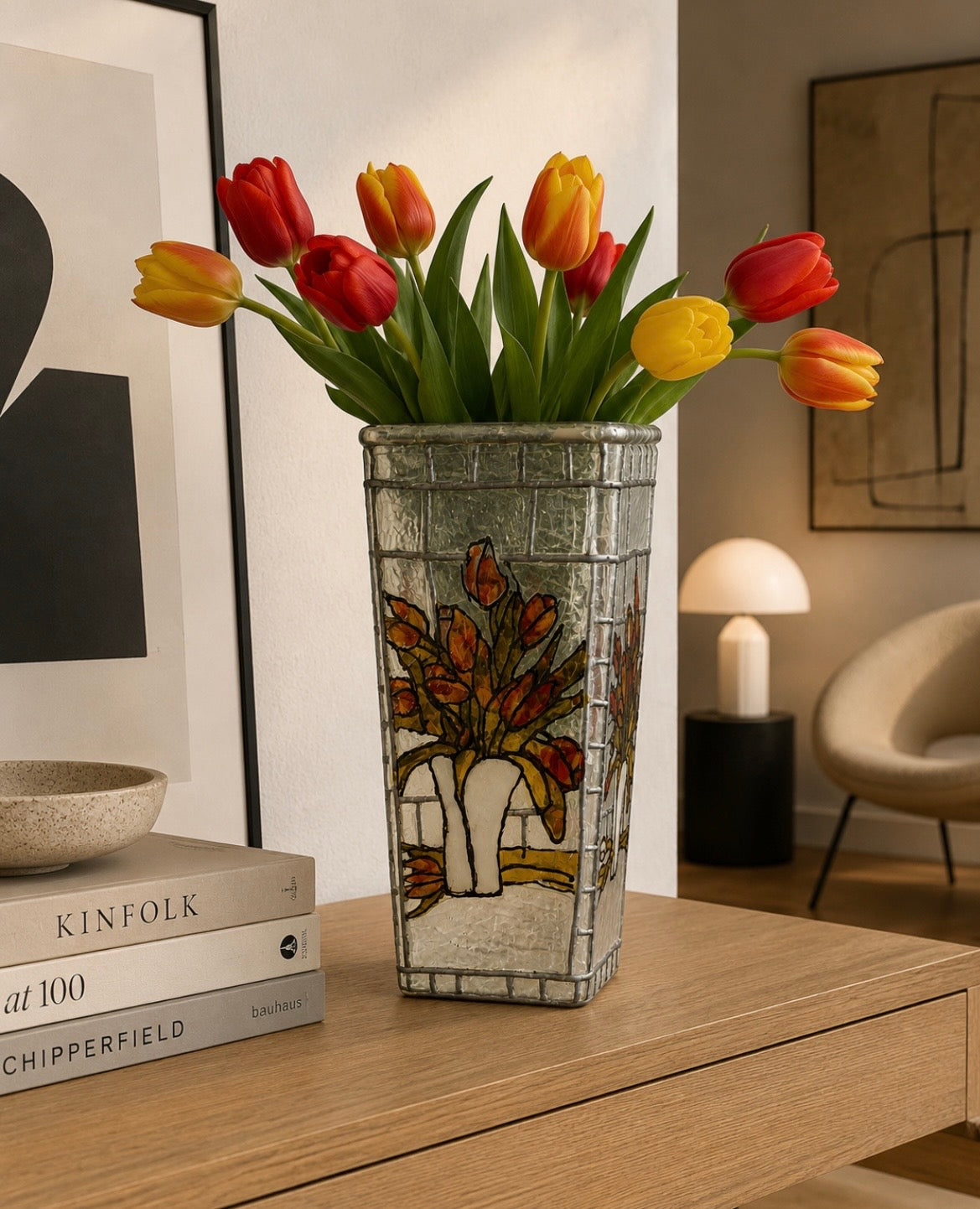 Vase vintage décor vitrail – Tulipes multicolores – Verre texturé