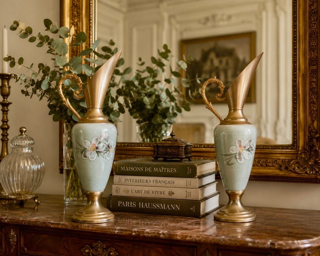 Paire de vases aiguières vintage en céramique et métal doré – 25 cm