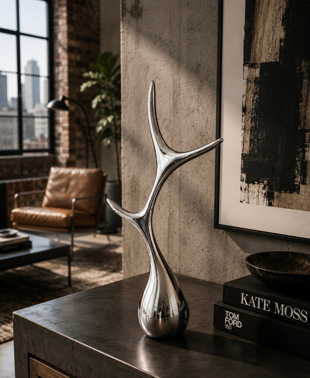 Décoration sculpturale en métal argenté – Porte-bijoux design contemporain