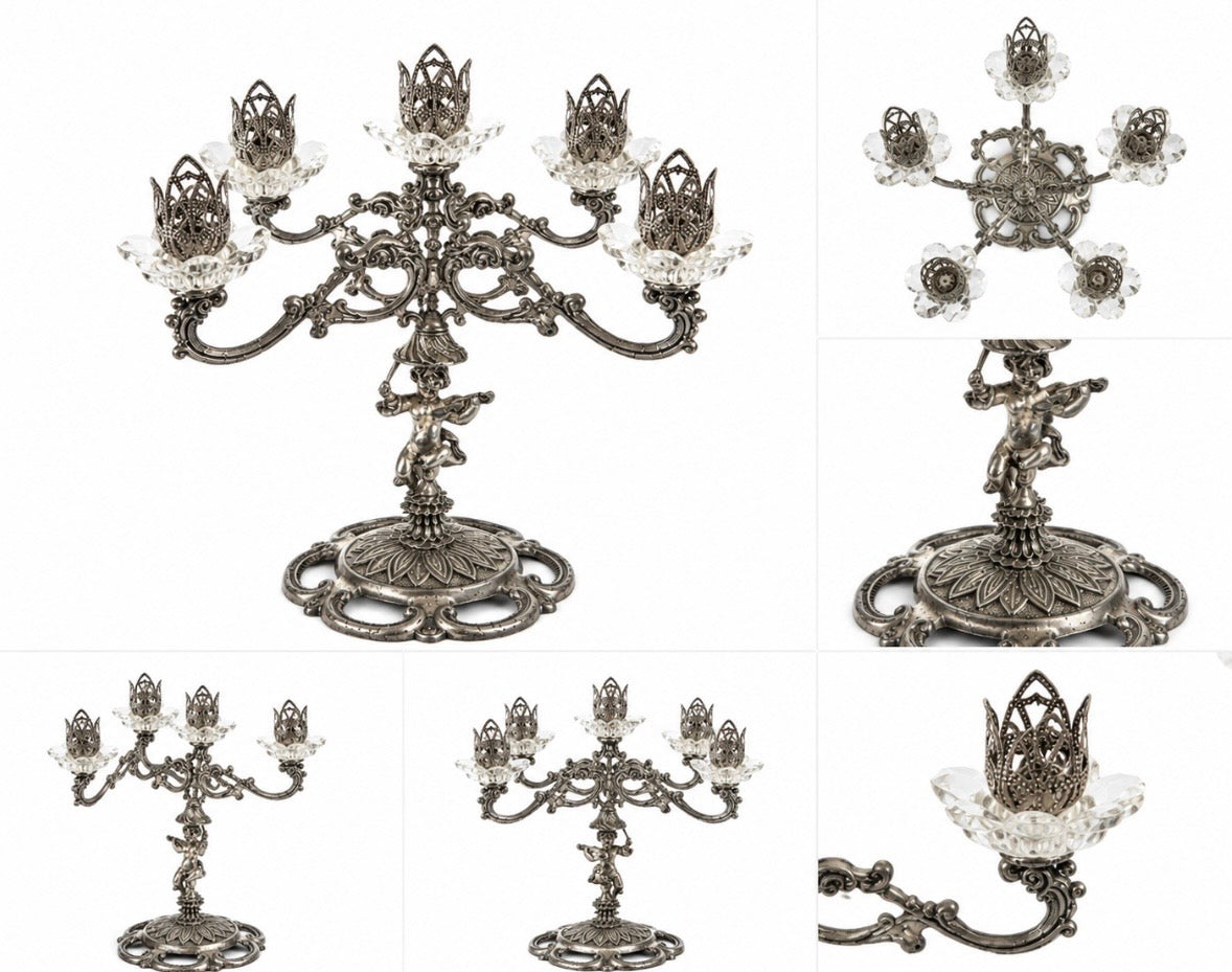Candélabre Vintage à 5 Lumières – Chérubin & Cristal Facetté – Style Baroque