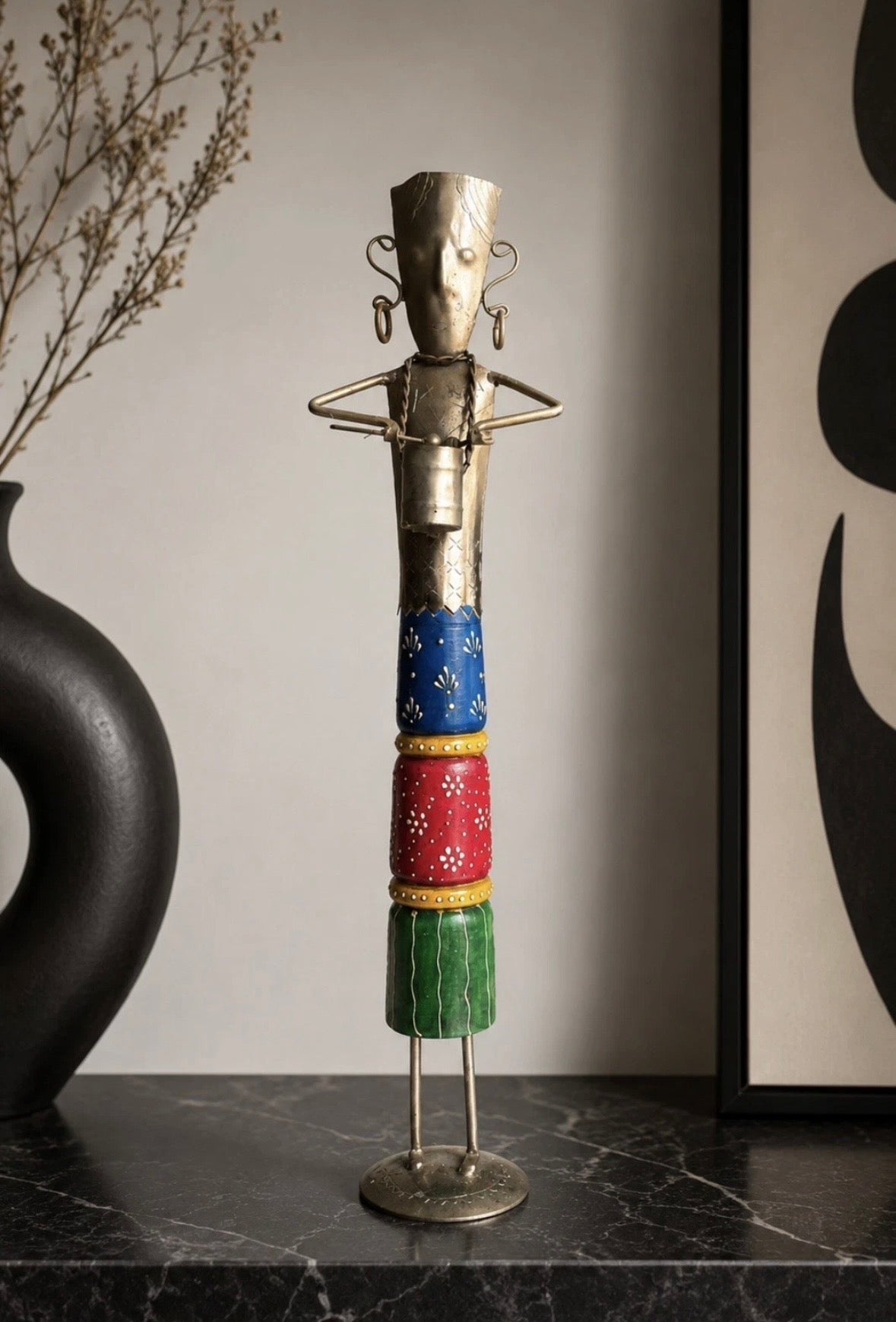 Grande Statue Africaine Métal Peint Main Vintage Années 70 — 55 cm