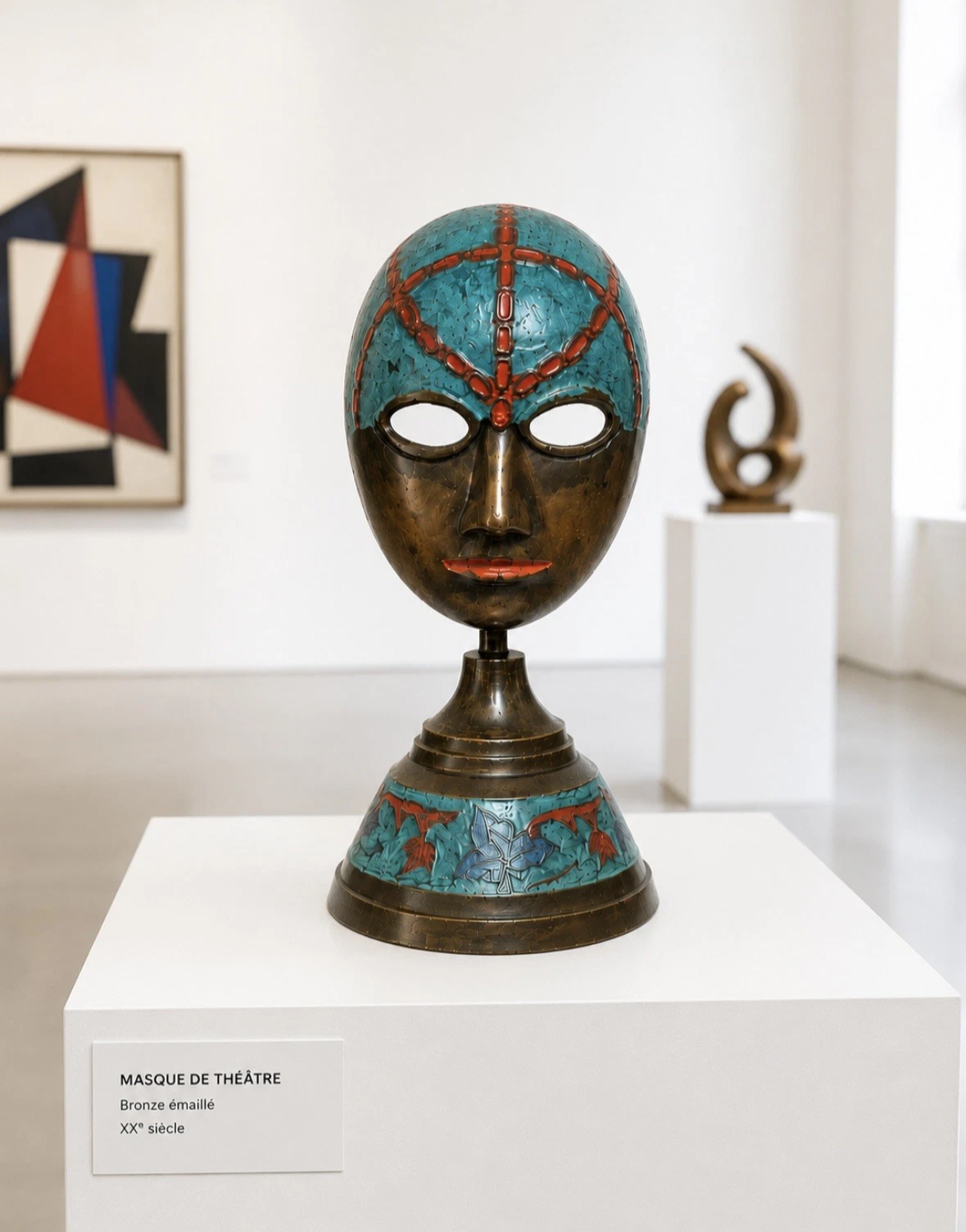 Masque de théâtre vintage émaillé — Turquoise, bronze & rouge, sur socle, H. 15 cm