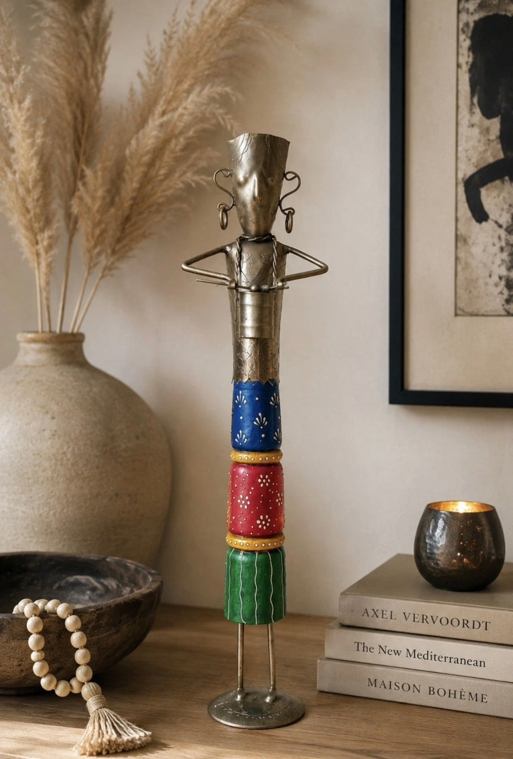 Grande Statue Africaine Métal Peint Main Vintage Années 70 — 55 cm
