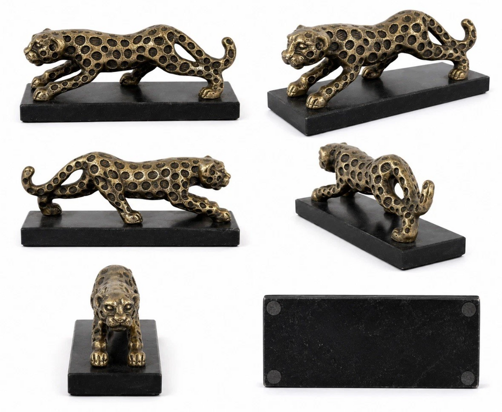 Léopard décoratif doré patiné — Socle effet pierre noir, style Art Déco, L. 24 cm