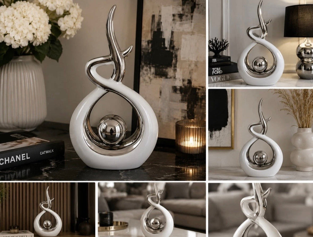 Sculpture Gestativo Art Abstrait Blanc Chrome — NK Curated Finds