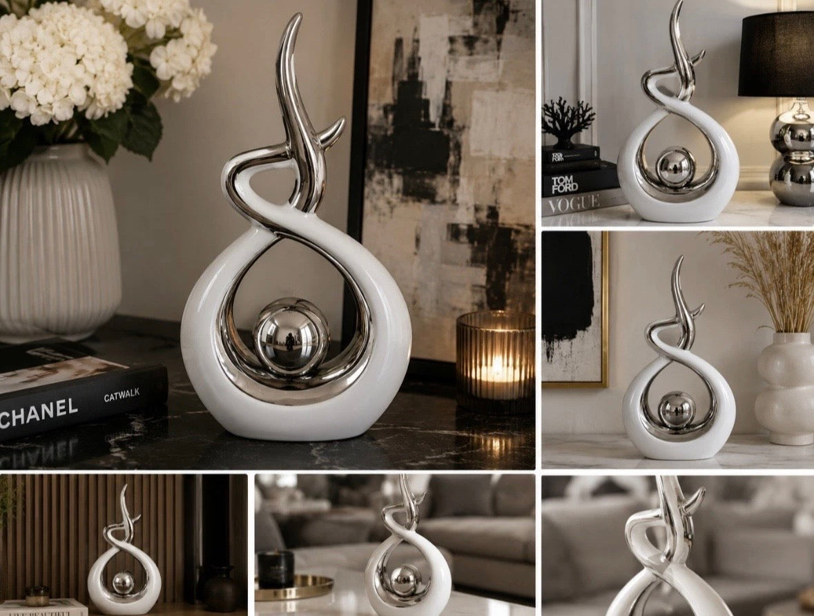 Sculpture Gestativo Art Abstrait Blanc Chrome — NK Curated Finds