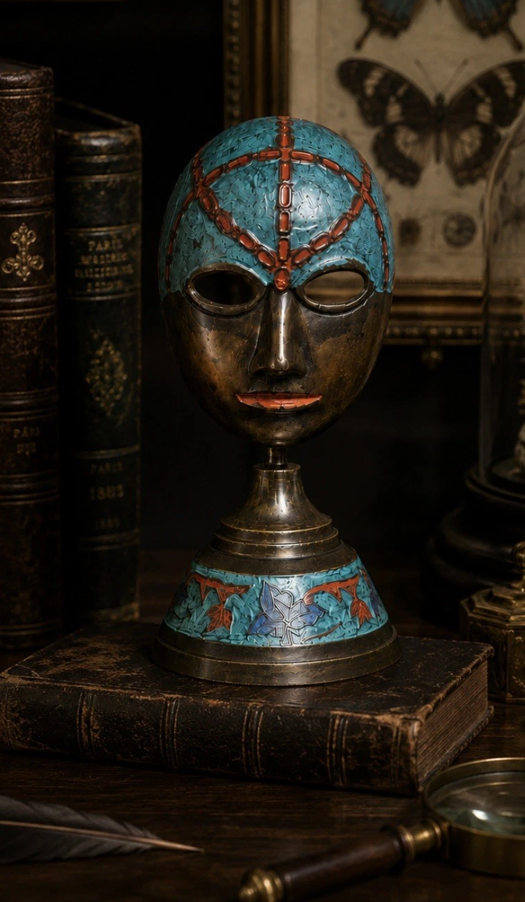Masque de théâtre vintage émaillé — Turquoise, bronze & rouge, sur socle, H. 15 cm