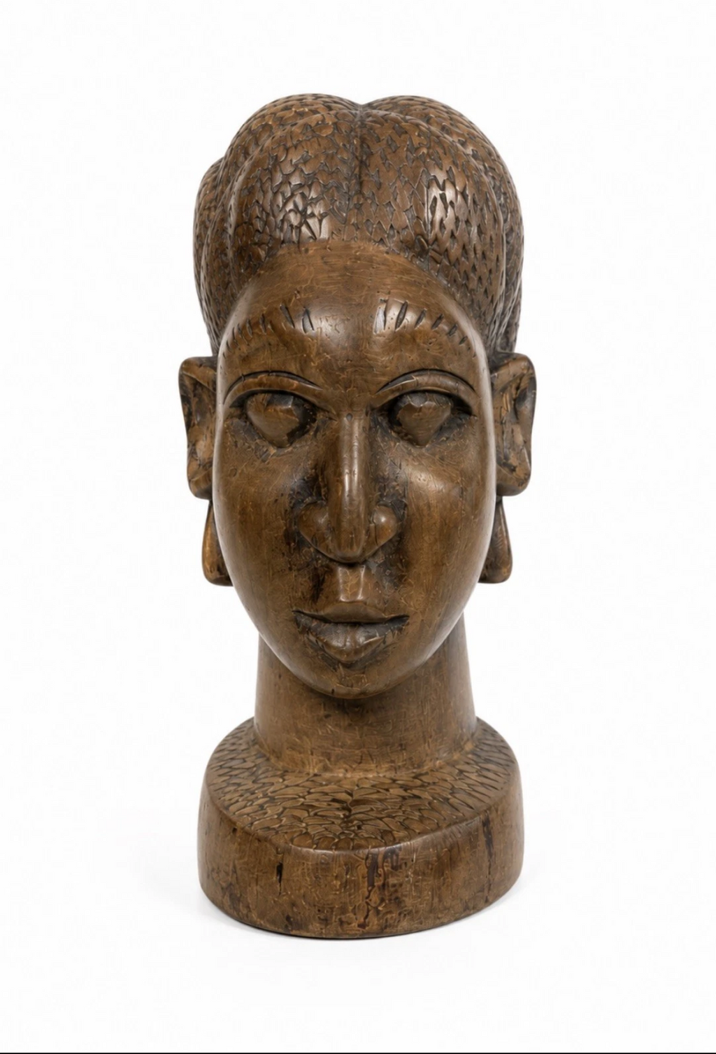 Buste féminin africain sculpté en bois massif — Patine ancienne, H. 18 cm