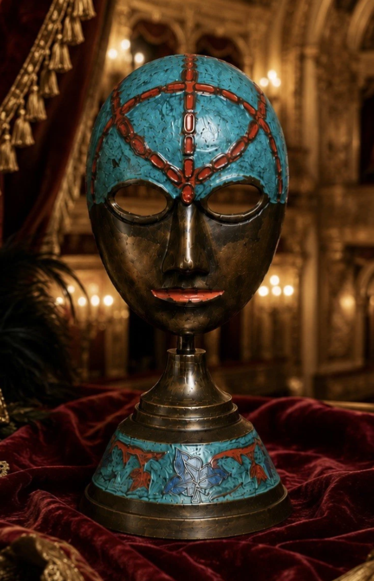 Masque de théâtre vintage émaillé — Turquoise, bronze & rouge, sur socle, H. 15 cm