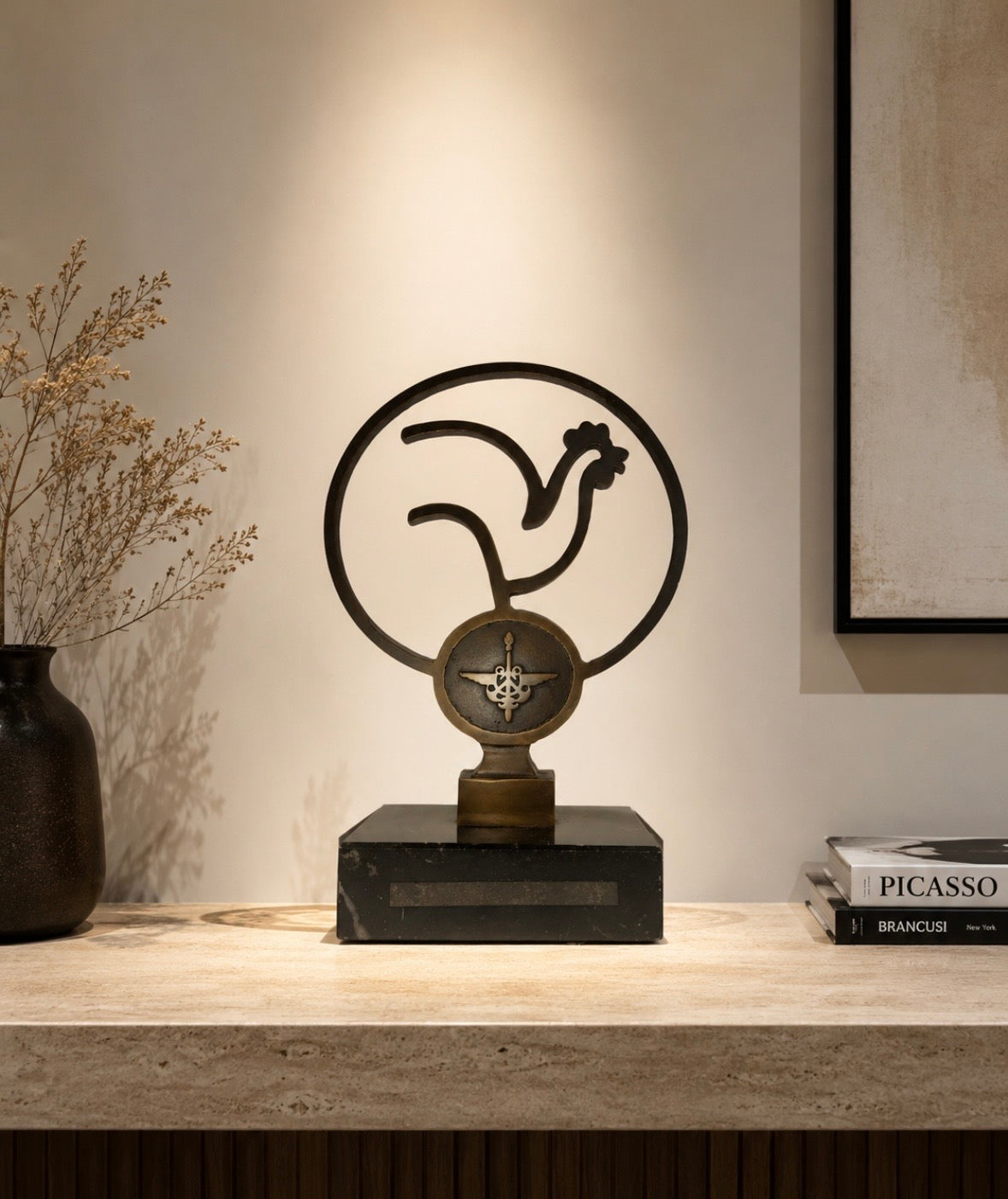 Coq Stylisé en Bronze sur Socle Marbre | Bronze Rooster Sculpture