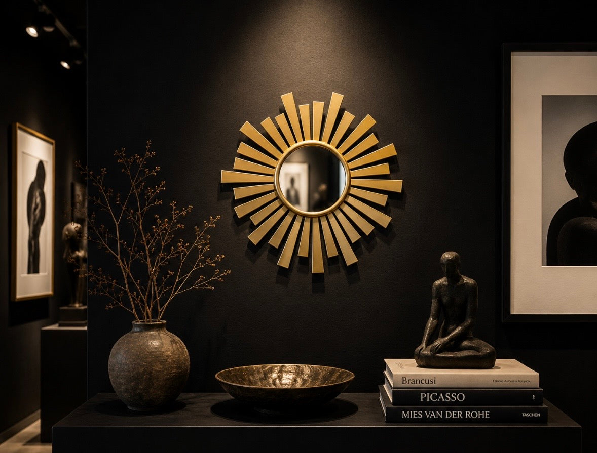 Miroir Soleil Vintage Doré – Design Mid-Century – Ø 27 cm