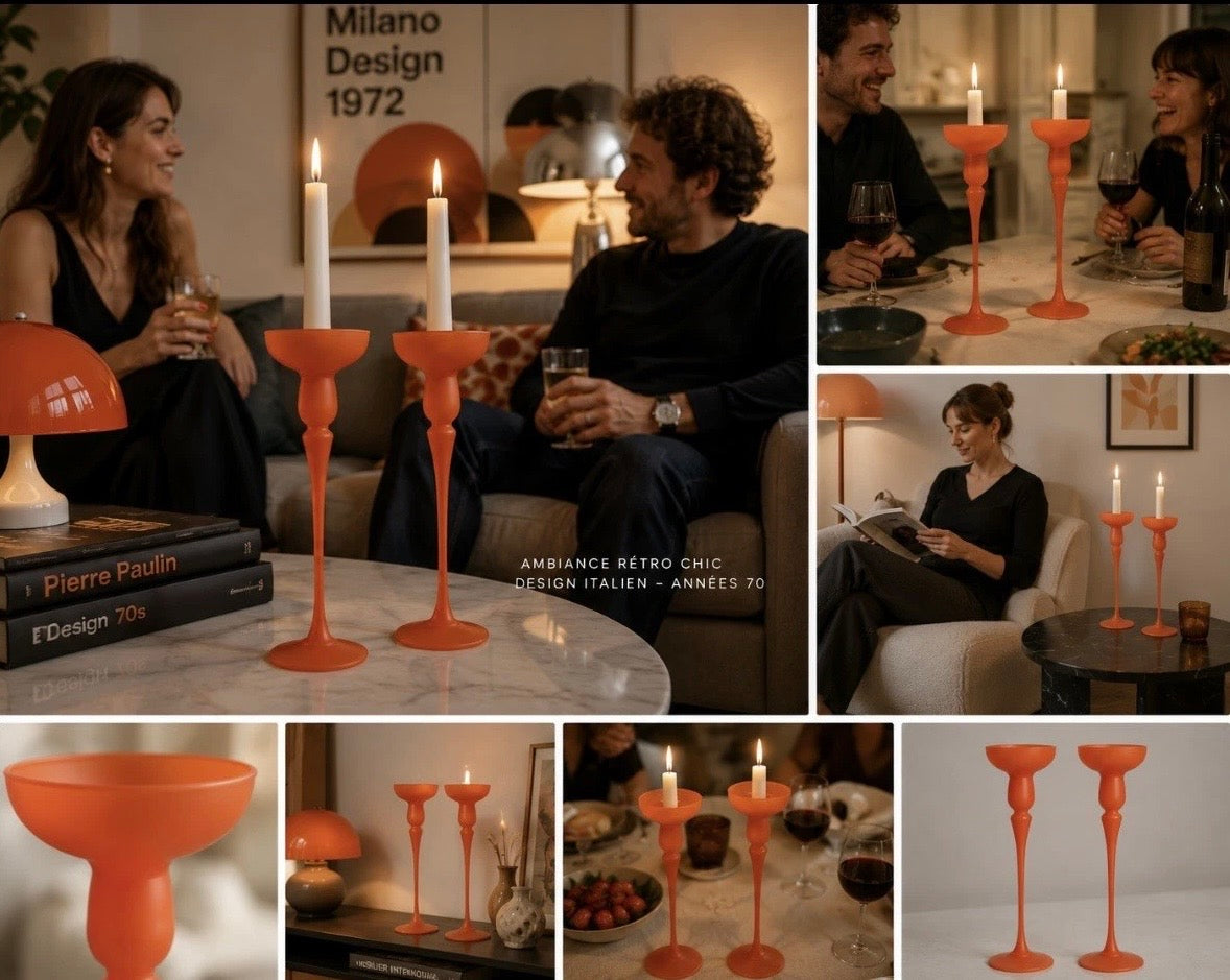 Paire Bougeoirs Verre Orange Vintage Space Age | Glass Candle Holders