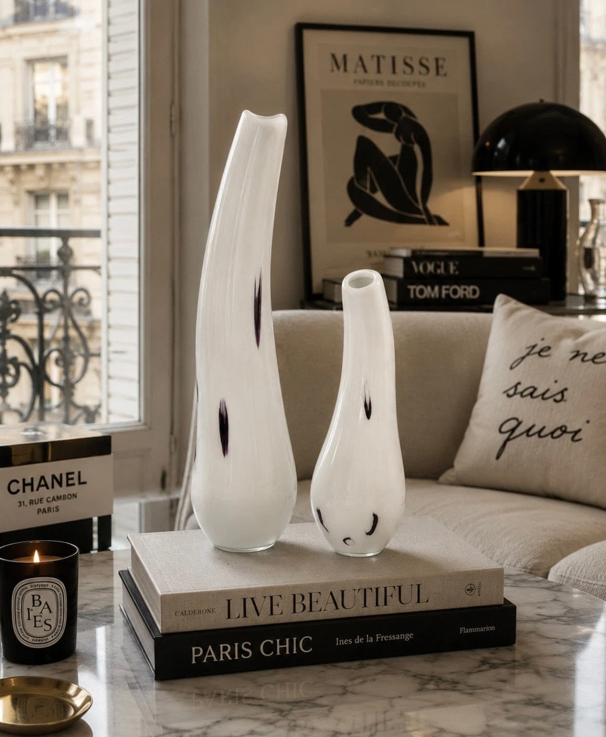 Paire de Vases Royal Art — Verre Blanc Organique Design Vintage Chic
