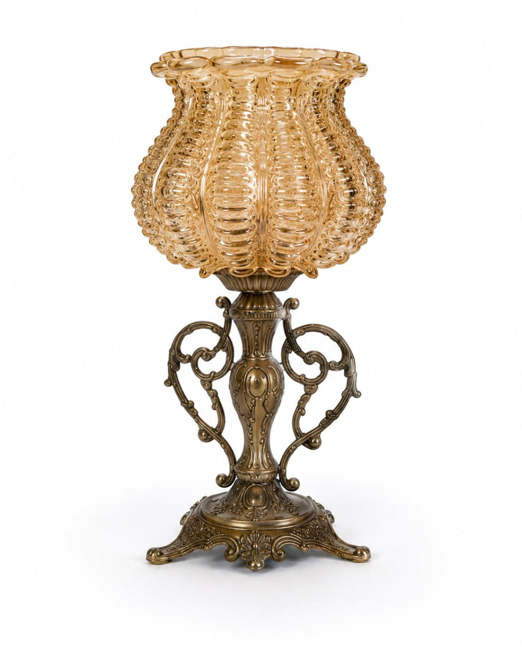 Lampe vintage en bronze ciselé et verre ambré – Années 1970