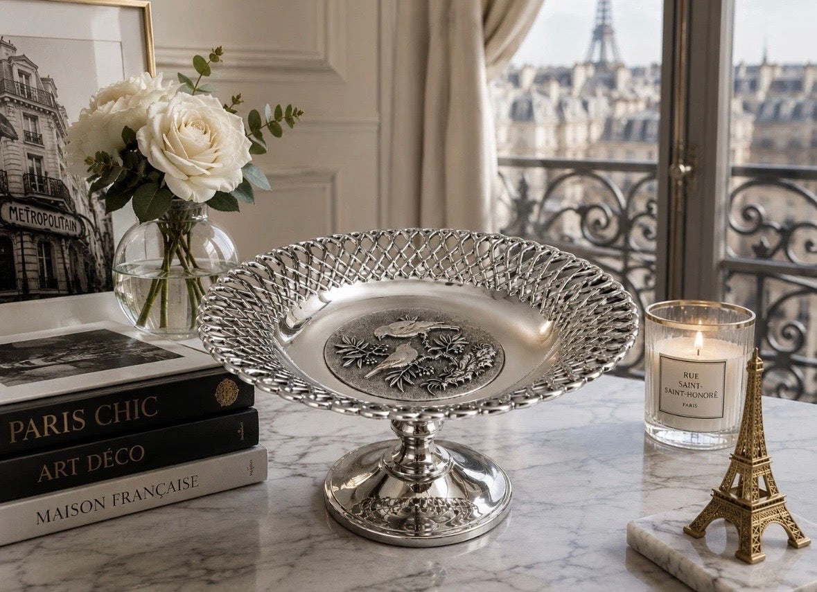 Vintage Chrome Fruit Bowl Schweden Schaetze — Coupe Oiseaux Relief 1960s Art Déco