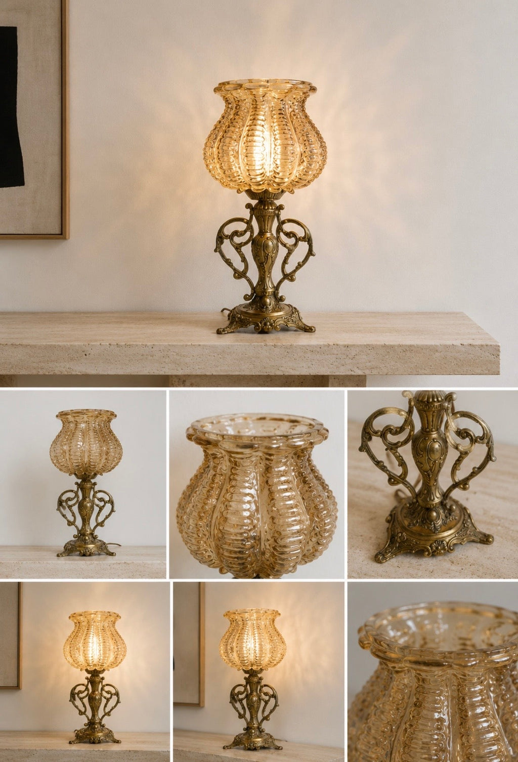 Lampe vintage en bronze ciselé et verre ambré – Années 1970