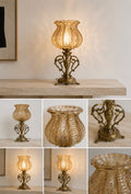 Lampe vintage en bronze ciselé et verre ambré – Années 1970