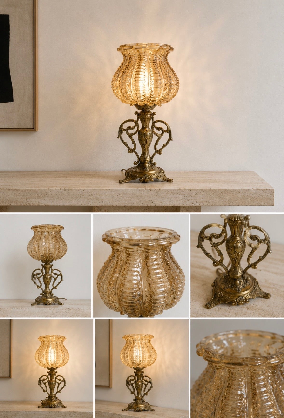 Lampe vintage en bronze ciselé et verre ambré – Années 1970