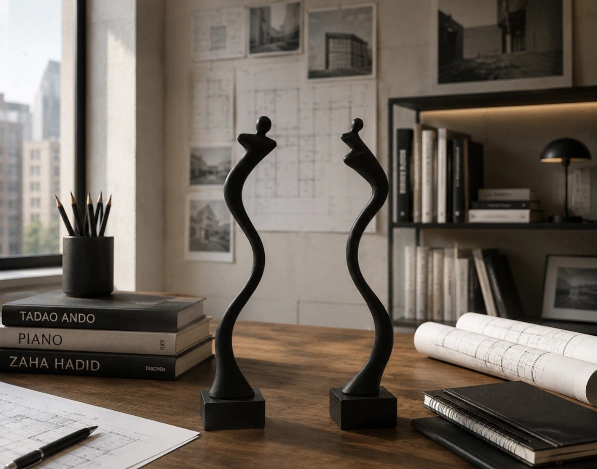 Duo de sculptures abstraites Corry Ammerlaan (CAN) — Métal patiné & socles marbre noir, H. 22 cm
