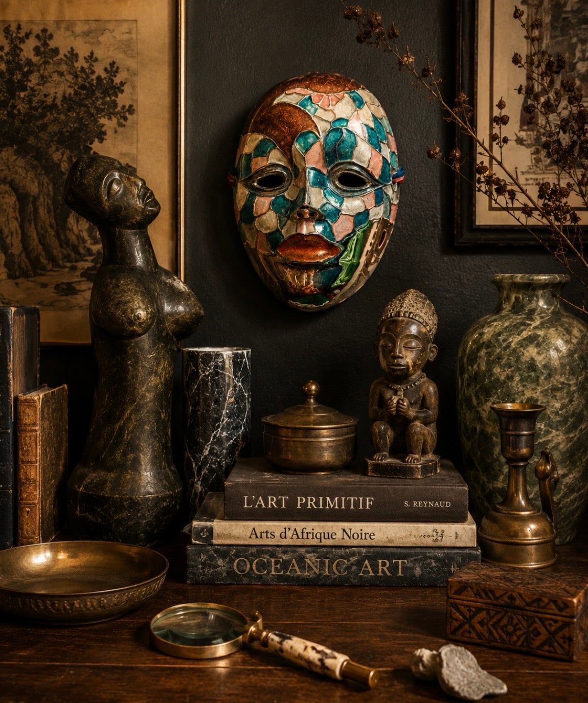 Masque mural vintage en laiton massif émaillé – Inde